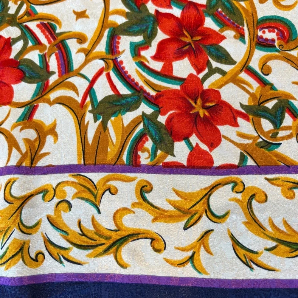Vintage Baroque Gold Scroll Floral Silk Feel Square Scarf Navy